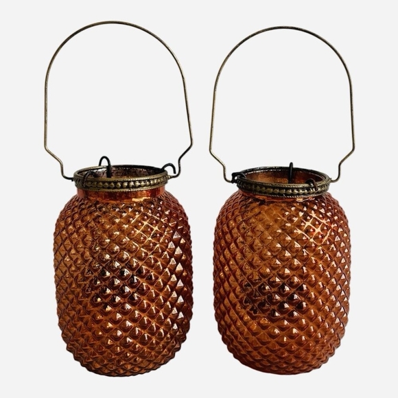 Pair of 5" Amber Diamond Point Glass Candle Holder Lanterns with Metal Handles - Picture 3 of 6